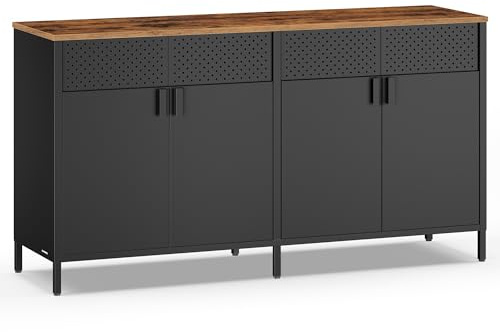 SONGMICS Aufbewahrungsschrank, Metallschrank, mit 4 Türen, Magnetverschluss, Verstellbarer Einlegeboden, Stahlgestell, 40 x 141 x 76 cm, tintenschwarz-vintagebraun LSC205BD01