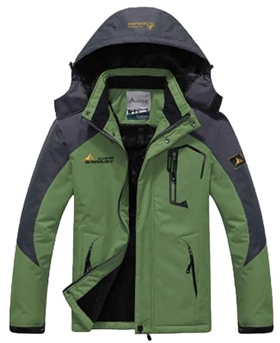 WAZHAKU Giacca da sci da uomo, calda foderata, in pile, impermeabile, con cappuccio, per attività all'aria aperta, impermeabile, antivento, calda fodera in pile, R verde., 4XL