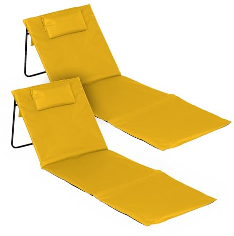 Spetebo Strandmatta, set om 2, vikbar med justerbart ryggstöd – gul – vikbar liggmatta 145 x 48 cm med kudde – trädgårdssolstol, strandsolstol, solmatta för trädgård, camping, picknick, resor