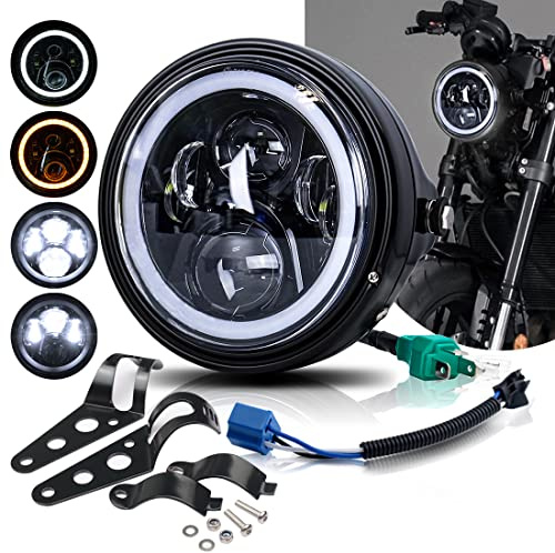 BWCarid 7 Inch LED Motorcycle Headlight Round DOT Approved With Housing Bucket Turn Signals DRL Halo Ring Angle Eyes Hi/Lo Beam Headlight w/Fork Clamp Bracket for H-arley Honda Yamaha Motorcycle