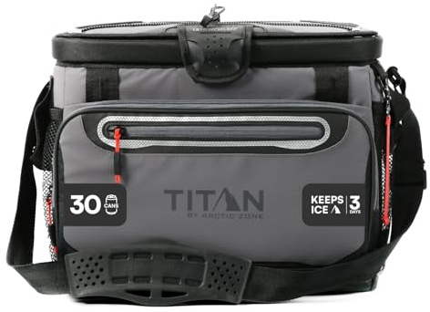 Titan by Arctic Zone Zipperless Soft Sided Cooler with HardBody Liner and SmartShelf, Insulated Bag with Shoulder Strap and Bottle Opener for Beach, Picnic, and Travel, 30 Can Capacity, Sharkskin Gray