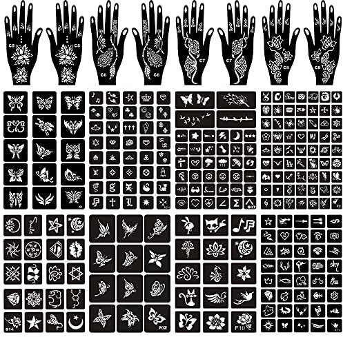 16 Sheets Temporary Tattoo Stencils Kit Reusable for Women Girls and Kids,200+ PCS Temporary Indian Arabian Glitter Airbrush Tattoo Stencils for Face Body Paint DIY