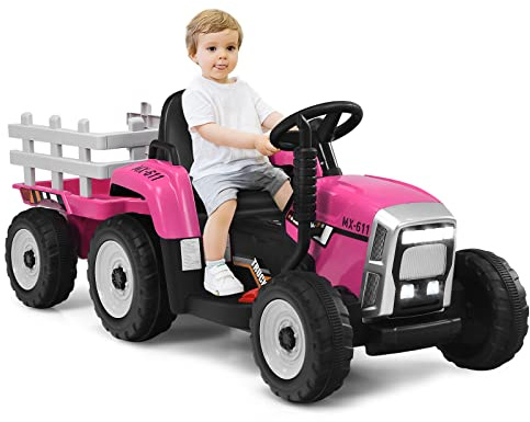 Maxmass 12V Kids Ride on Tractor and Trailer, Battery Powered Electric Vehicle with Remote Control, LED Lights, Music, Horn, USB, Bluetooth, Construction Car Toy for 3+ Boys Girls (Pink)