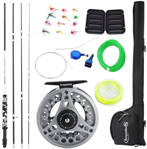 Sougayilang Standard Fliegenfischen Combo Starter Kit, 5/6 Gewicht 9' Fliegenrute mit SuperPolymer-Griff, Zubehör, Tragetasche, Fliegenbox Koffer & Angelfliegen - Schwarz