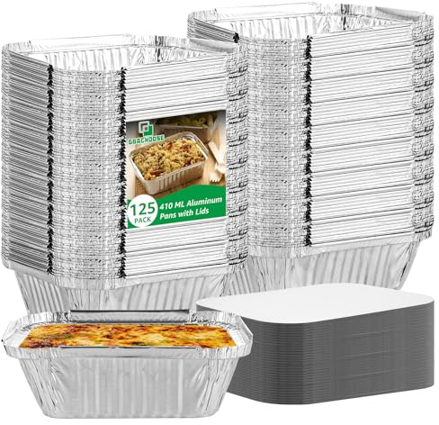 GBACHOOSE 125 bandejas de aluminio con tapa, bandejas para barbacoa, 400 ml, moldes desechables cuadrados, para asar, hornear, cocinar, llevar