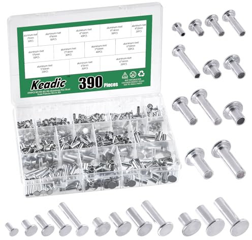 Keadic 390Pcs M4 M5 M6 Aluminum Flat Head Semi-Tubular Rivets Assortment Set, 12 Sizes Silver Tone Metal Stud Fasteners for Leather Household Automobile Industry