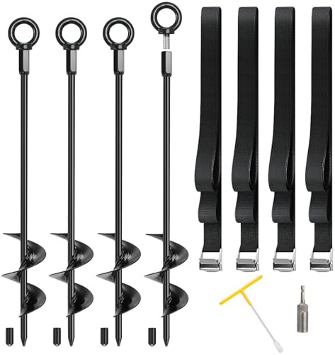 Fuuner 18 Heavy Duty High Wind Trampoline Anchors Kit, 4 Pack Steel Ground Anchors with Adjustable Tie Down Straps for Securing Trampolines