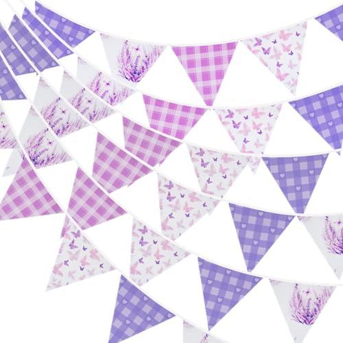 G2PLUS 12m Butterfly Checked Fabric Bunting, 42PCS Purple Fabric Bunting Garland, Mother's Day Decoration Bunting Banner for Spring Summer Home Outdoor Garden Decor