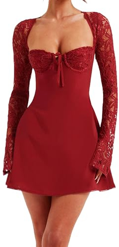 Kouoybt Women Lace Long Sleeve Mini Dress Sexy Bodycon Dress Low Cut Back Tie Backless Cocktail A-line Dresses (B-Red, L)