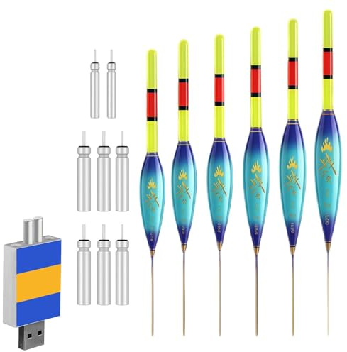 BAIFULAI 6 unidades LED de pesca con indicador de mordida: boya de pesca nocturna de doble color, 4 g/5 g/6 g/7 g/8 g/9 g, capacidad de carga luminosa, con pilas, cargador, accesorios de pesca para