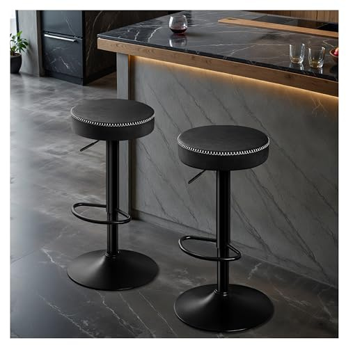 STOOLINK Breakfast Bar Stools Set of 2, Swivel Adjustable Bar Chair with Footrest, Backless High Barstools with Microfiber Leather, Industrial Counter Stools for Kitchen - Ink Black