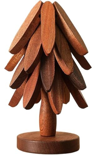 Wooden Trivet Tree Set, Natural Christmas Tree Trivet with 4 Wooden Trivets & 1 Stand Like A Christmas Trees Kitchen Counter Decor, for Hot Pots, Pans, Bowl, Teapot (Black Walnut)
