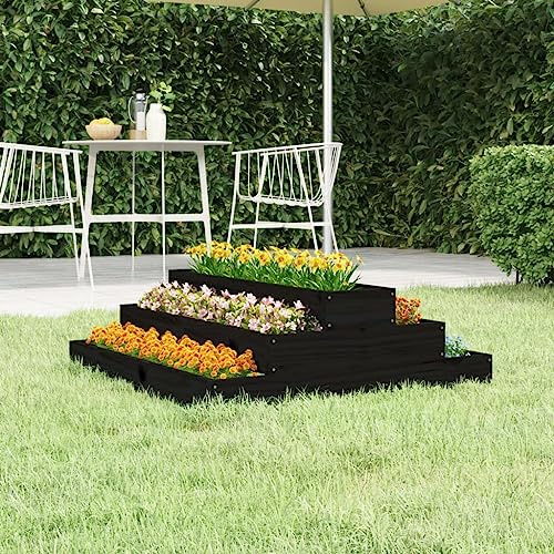 YUTAASU Fioriera in Legno di Pino Massello Design a Scala 80x80x27 cm Nero per Piante e Fiori con Radici Corte Medie Lunghe - Struttura Robusta e Stabile