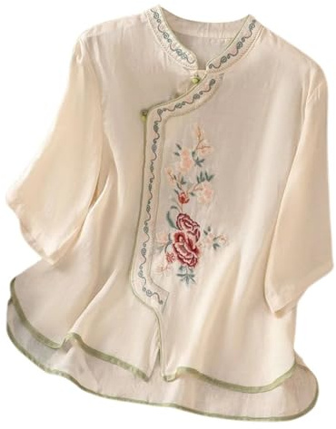 Chemisier brodé bohème en dentelle pour femme - Style bohème - Manches 3/4 - Haut floral - Printemps hippie - Volants sur le devant - Tunique pour personnes âgées - Col montant rétro - Lin - Gaze