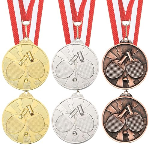 QUARKZMAN Medaglie Premio Ping-Pong 2.6 Pollici, Medaglie Premio Oro Argento Bronzo con Nastro per Collo per Giochi di Squadra Competizioni Party Favors 6 Pezzi