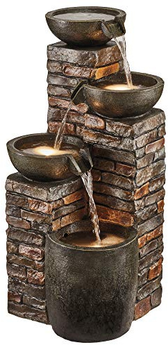 Serenity Durable Stone Effect Tiered Cascade Laguna Water Feature with LED Lights for Indoor & Outdoor Use (4 Tier Brick)