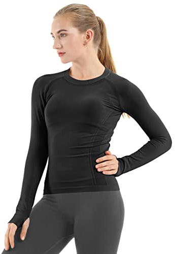 MathCat Seamless Workout Shirts for Women Long Sleeve Yoga Tops Sports Running Shirt Breathable Athletic Top Slim Fit Black