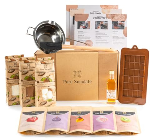 Pure Xocolate DIY-Schokolade - Komplett-Set zum selber machen - Vegane, laktosefreie Alternative - Schokoladen-Geschenkideen für Kinder, Frauen & Männer - inkl. Silikonform, Schmelzschale und Rezepten