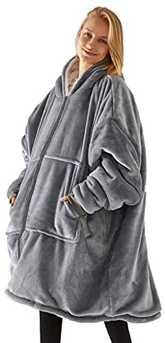 UMIPUBO Sweat Plaid Femme, Hoodies Sweatshirt Zippé avec Grandes Poches Peignoir Chaud en Flanelle Sweat à Capuche Super Doux et Confortable (Gris) Taille unique
