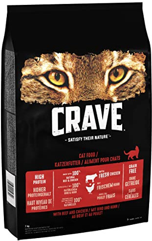 Crave Adult Trockenfutter mit Rind & Huhn, 7kg (1 Beutel) – Premium Katzenfutter trocken mit hohem Proteingehalt und ohne Getreide – Hergestellt mit 100 Prozent natürlichem Rind & Huhn