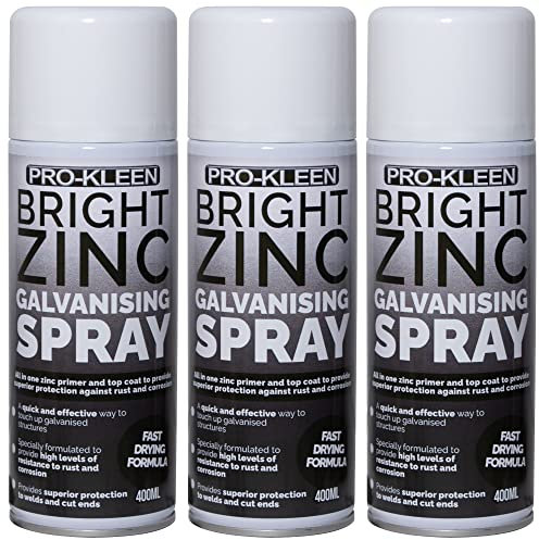 Pro-Kleen Bright Zinc Galvanising Spray Paint - 2-in-1 Primer and Top Coat, Prevents Rust, Corrosion, For Protecting Welding Joints & Cut Ends, Fast Drying Formula, 3 x 400ml