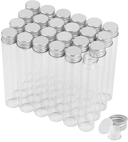24 pièces Tubes à Essai en verre de 30 ml avec bouchons à vis et bouchons en plastique, petites fioles d'échantillon de liquide transparentes, fioles anti-fuite, pour Fleurs, Bonbons, Épices