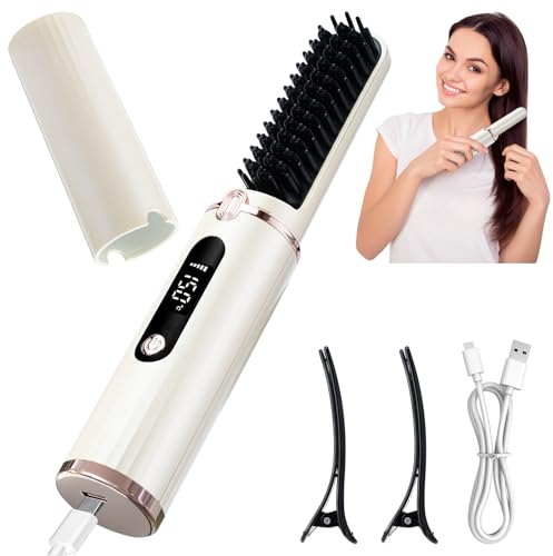 Aceshop Brosse Lissante pour Cheveux Sans Fil, Mini Brosse Chauffante Portable 4 Température Réglables Peigne de Coiffage Lisseur à Ions Négatifs Lisseur Barbe Hommes Rechargeable par USB (Blanc)