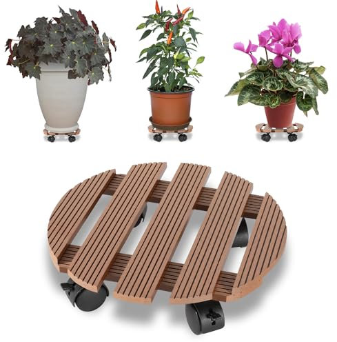 Jopassy 2X WPC Pflanzenroller ø30x7,5CM, Blumenroller Tragkraft 80 KG, Rolluntersetzer mit Rollen, Rollbrett für den Innen- und Außenbereich, Kübelroller für Pflanzen, Blumentopf (Rund Braun)