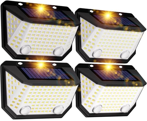 K KASONIC Luci da Recinzione Solari a Doppio Sensore, 6500K Luci Solari per Movimento Impermeabili con Angolo di Illuminazione 300° per Giardino, Confezione da 4 Luci Solari da Parete Esterne per Cas