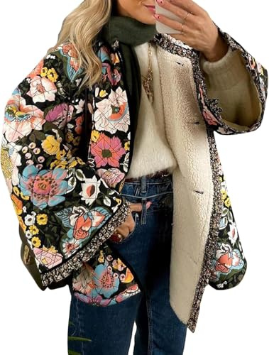 Chaqueta Estampada con Bordado de Flores para Mujer Chaqueta Elegante de Tendencia de Moda Retro Chaqueta de Compras Ligera de Manga Larga para Fiesta Exterior (Negro,XL)