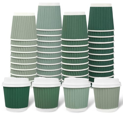 Whaline 100Pcs Sage Green Disposable Espresso Cups with Lids 4oz Gradient Green Paper Cups Corrugated Ripple Wall Insulated Hot Cups for Home Office Party Supplies