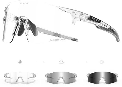 SCVCN Selbsttönend Fahrradbrille Photochromatische Herren Damen Sportsonnenbrille Klar Radsport Radfahren MTB Laufen Radbrille Volleyball Tennis Autofahren Angeln Softball Bergsteigen 18 Transparent