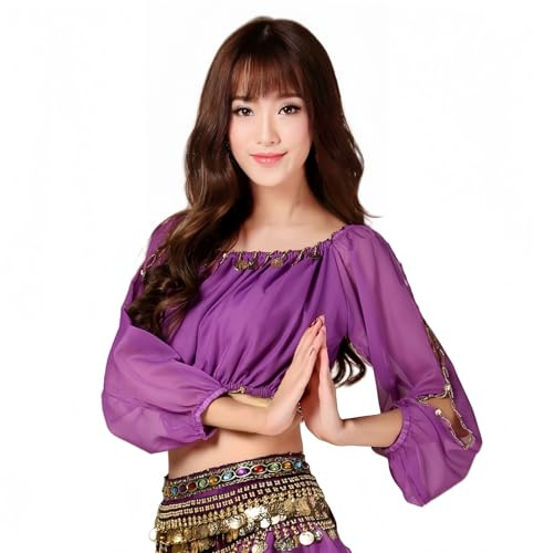 SamHeng Mujeres Top de Danza Árabe Monedas Brillantes Mangas Largas Crop Top Danza Tribal con Encaje y Hombros al Aire Blusa para Vestuario de Baile Festivales Carnavales Espectáculos‌, Morado
