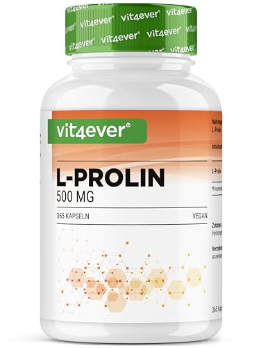 L-Prolina - 365 cápsulas - Alta dosis de 1000 mg por ración diaria - Aminoácido puro obtenido mediante fermentación - Sin aditivos, vegano