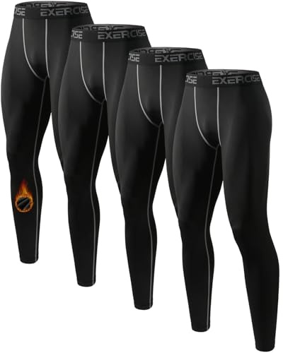 Orrfreer 4 Pack Men's Thermal Underwear Trousers Long Johns Fleece Lined Thermal Leggings Warm Compression Pants Base Layer Leggings for Ski Running Outdoors 4 Black L