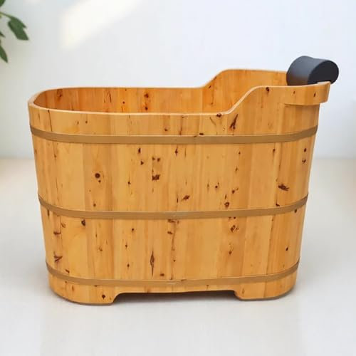 PA-DABAOO Small Handcrafted Free Standing Wooden Bathtub, Japanese Deep Bath Tub with Wooden Seat, Pillows, Drain, Spa Solid Wood Bathtub, Portable Oval Bathroom Tub,0.9M/2.9ft
