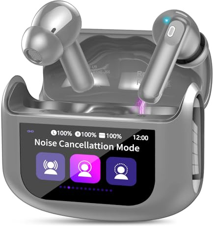 Wireless Earbuds with Smart Touch Screen ANC Active Noise Cancelling Bluetooth 5.4 Headphones in Ear Earphones with HD Mic HiFi Stereo Sound, Bluetooth Earphones 40H Playtime IP7 Waterproof, Gray