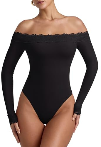 REORIA Women's Sexy Off The Shoulder Long Sleeve Bodysuit Double Lined Layering Lace Body Suits Going Out Tops Fall Outfit 2025 Black Onyx Small