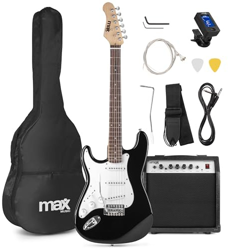 Max GigKit left handed beginner electric guitar starter kit with 40W amplifier, 21-fret black guitar, soft case, tuner, spare strings, strap, tremolo, picks, lead, tools