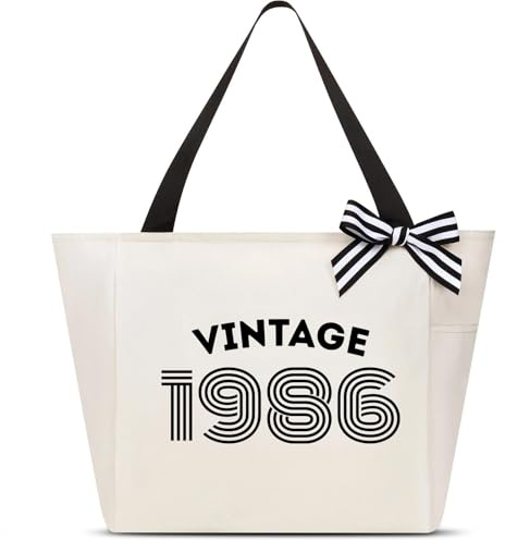 Vavabox Borsa da Spiaggia Regalo Compleanno Donna, Cabas Vintage Personalizzato 16/18/30/40/50/60 Anni per Figlia/Mamma/Amica, 46CM x 17CM x 30CM (1986, Bianco)