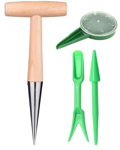 Stainless Steel Dibber for Planting Bulbs, Garden Dibber Tool with Wooden Handle, Bulb Planter Tool for Seedlings, Flowers & Vegetable Beds