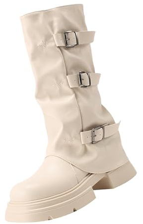 Générique Bottes Plateforme Mi-Mollet pour Femme Bout Rond Bottine avec Sangle De Boucle Botte Slouchy Boot Couleur Unie Décontracté Chaussure Mollets Fins Bottine Bottines Femme Plates Cuir