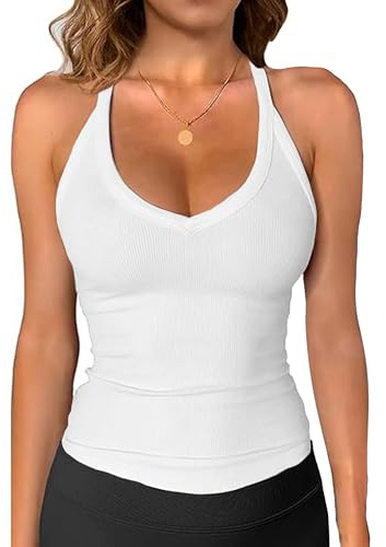 Yutdeng Camiseta con Sujetador Incorporado Camisetas Tirantes Mujer Verano Cuello V Tank Top Lencero Basica Camiseta sin Mangas Camiseta Interior Crop Top Mujer Verano Deporte Camisola,Blanco,S