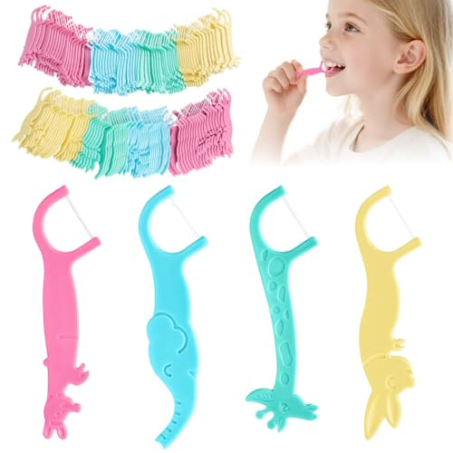 AOOHA 160 Piezas Hilos Dentales Niños,4 Colores Palillos de Hilo Dental con Mango de Animales y Divertido,Limpieza Dental para Niño Espacios Interdentales Estrechos