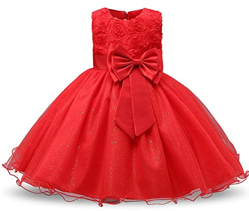 Discoball Girl Dress Princess Party Clothing Holiday Girls Dresses, 3D Rose Flower, Bow Sequins Tulle Dress Up for Kids Birthday Travel and Special Occasions Red