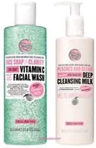 (2 PACK) Soap & Glory Face Soap & Clarity 3-in-1 Daily Detox Vitamin C Facial Wash x 350ml & Soap & Glory Peaches & Clean 4-in-1 Wash-Off Deep Cleansing Milk x 350ml