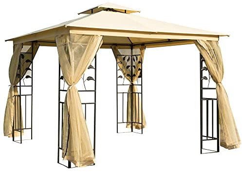 Outsunny Tonnlle de Jardin Barnum Pavillion de Jardin 3 x 3 Double Toit avec moustiquaires Amovibles imperméable Beige