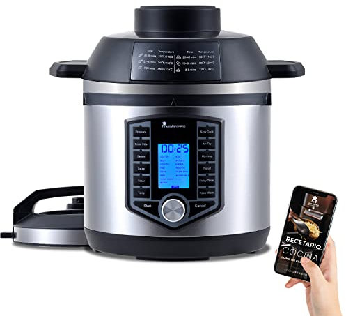 MasterPro FryCook Hot Air Fryer, Fryer and Pressure Cooker, 1500 W, Programmable Pressure Cooker, with 44 Automatic Functions, 12 Programmes, Made of Stainless Steel, Non-Stick Coating, 6 L