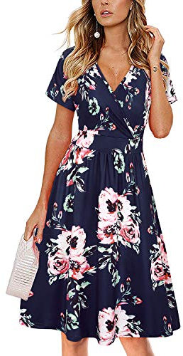 VOTEPRETTY Summer Dresses for Women UK Short Sleeve V Neck Wrap Casual Floral Sundress with Pockets(Floral01,L)