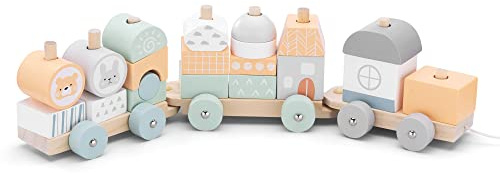 Navaris Tren de Madera para niños - Tranvía para bebé con Cordel de Arrastre 3 Bloques y 20 Piezas para Jugar - Ferrocarril de Juguete con Ruedas
